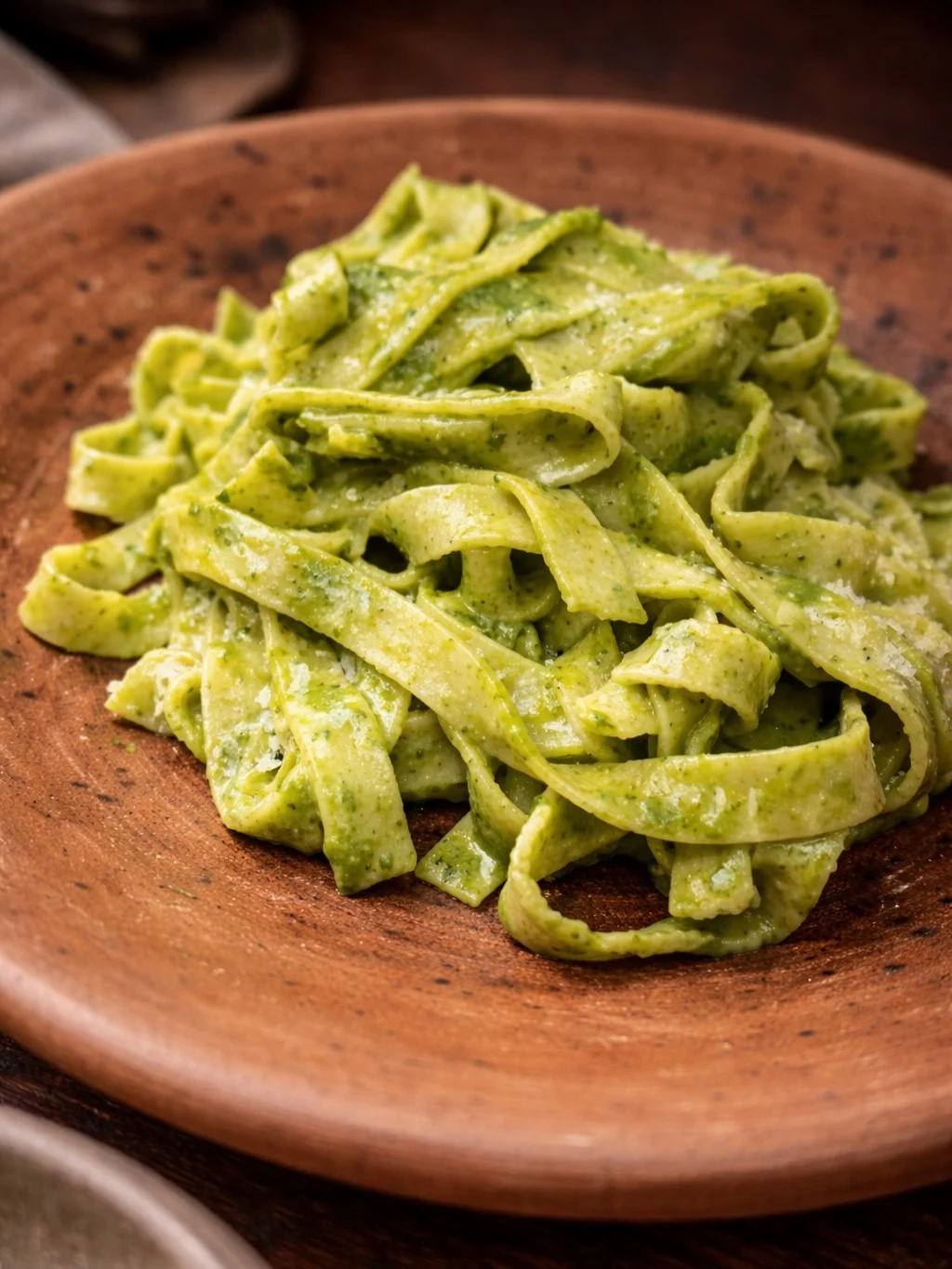 Pasta artesanal al pesto sobre la vajilla de barro de Dassani