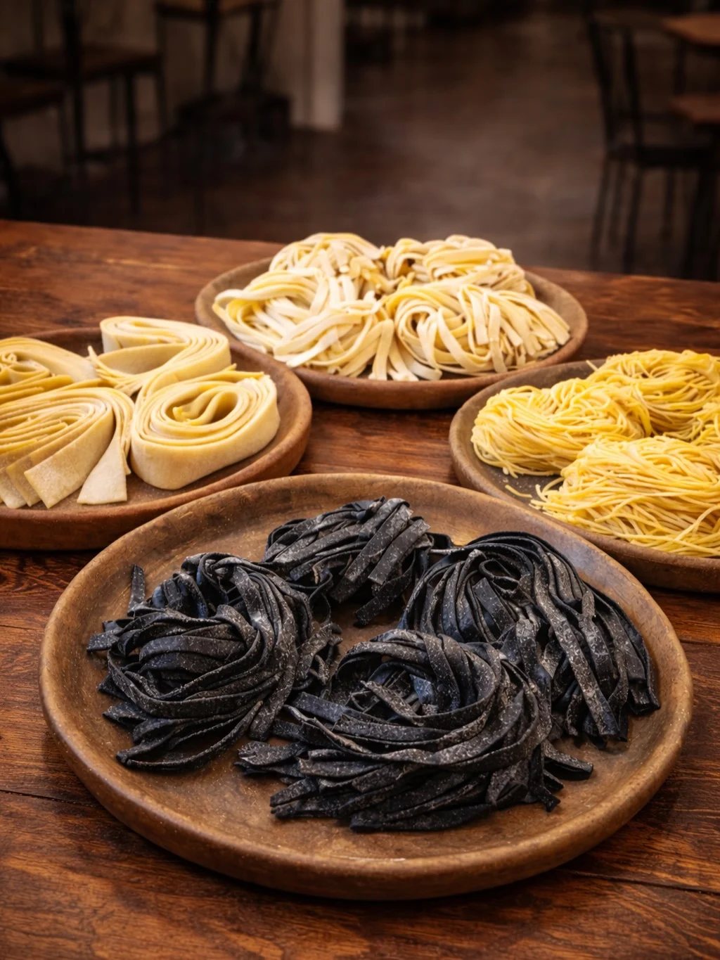 Cuatro variedades de pasta artesanal sobre platos de barro